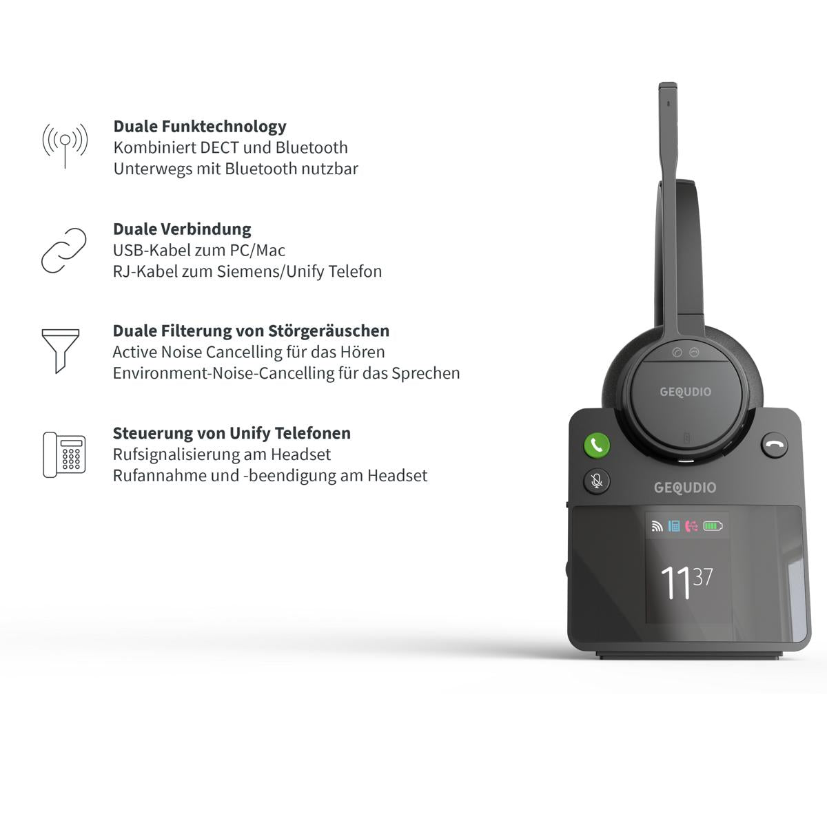 GEQUDIO GC-4 DECT und Bluetooth Dual Headset (2-Ohr) mit Active Noise-Cancelling