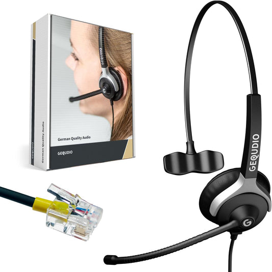 GEQUDIO Headset für GX5+ GA-3 GZ-2 GZ-6 GZ-8, kompatibel für Gigaset mit RJ Anschluss Telefon, Poly/Polycom - inklusive RJ Kabel - Kopfhörer & Mikrofon mit Ersatz Polster - 60g leicht (1-Ohr)