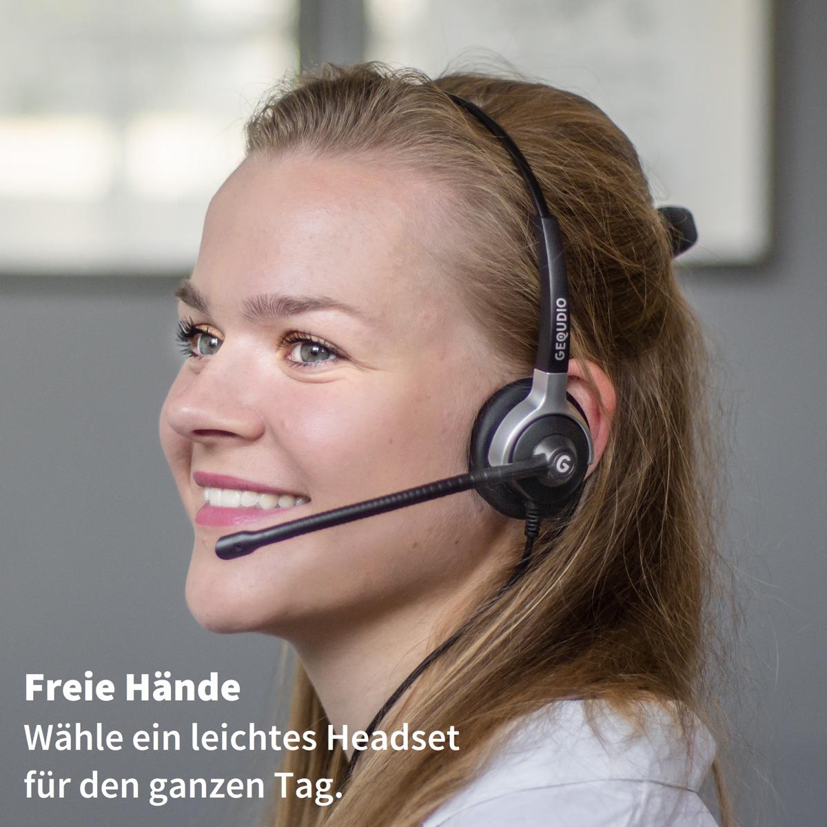 GEQUDIO Headset für GX5+ GA-3 GZ-2 GZ-6 GZ-8, kompatibel für Gigaset mit RJ Anschluss Telefon, Poly/Polycom - inklusive RJ Kabel - Kopfhörer & Mikrofon mit Ersatz Polster - 60g leicht (1-Ohr)