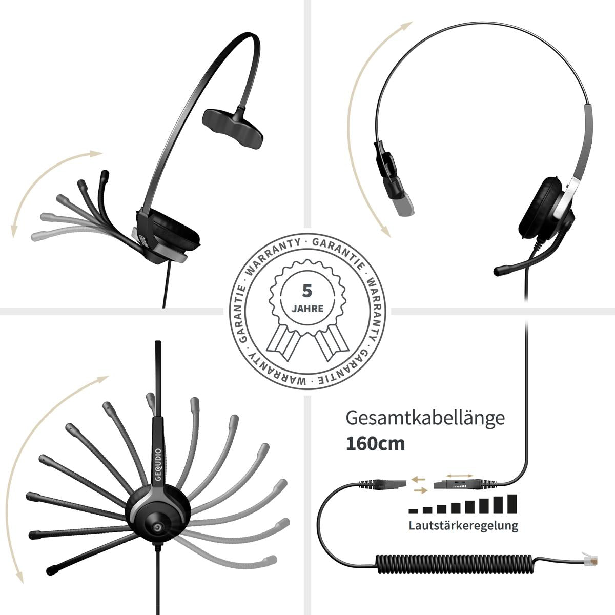GEQUDIO Headset für GX5+ GA-3 GZ-2 GZ-6 GZ-8, kompatibel für Gigaset mit RJ Anschluss Telefon, Poly/Polycom - inklusive RJ Kabel - Kopfhörer & Mikrofon mit Ersatz Polster - 60g leicht (1-Ohr)