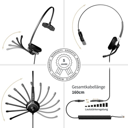 GEQUDIO Headset für GX5+ GA-3 GZ-2 GZ-6 GZ-8, kompatibel für Gigaset mit RJ Anschluss Telefon, Poly/Polycom - inklusive RJ Kabel - Kopfhörer & Mikrofon mit Ersatz Polster - 60g leicht (1-Ohr)