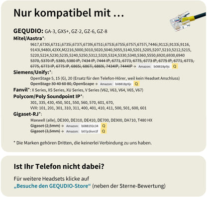 GEQUDIO Headset für GX5+ GA-3 GZ-2 GZ-6 GZ-8, kompatibel für Gigaset mit RJ Anschluss Telefon, Poly/Polycom - inklusive RJ Kabel - Kopfhörer & Mikrofon mit Ersatz Polster - 60g leicht (1-Ohr)