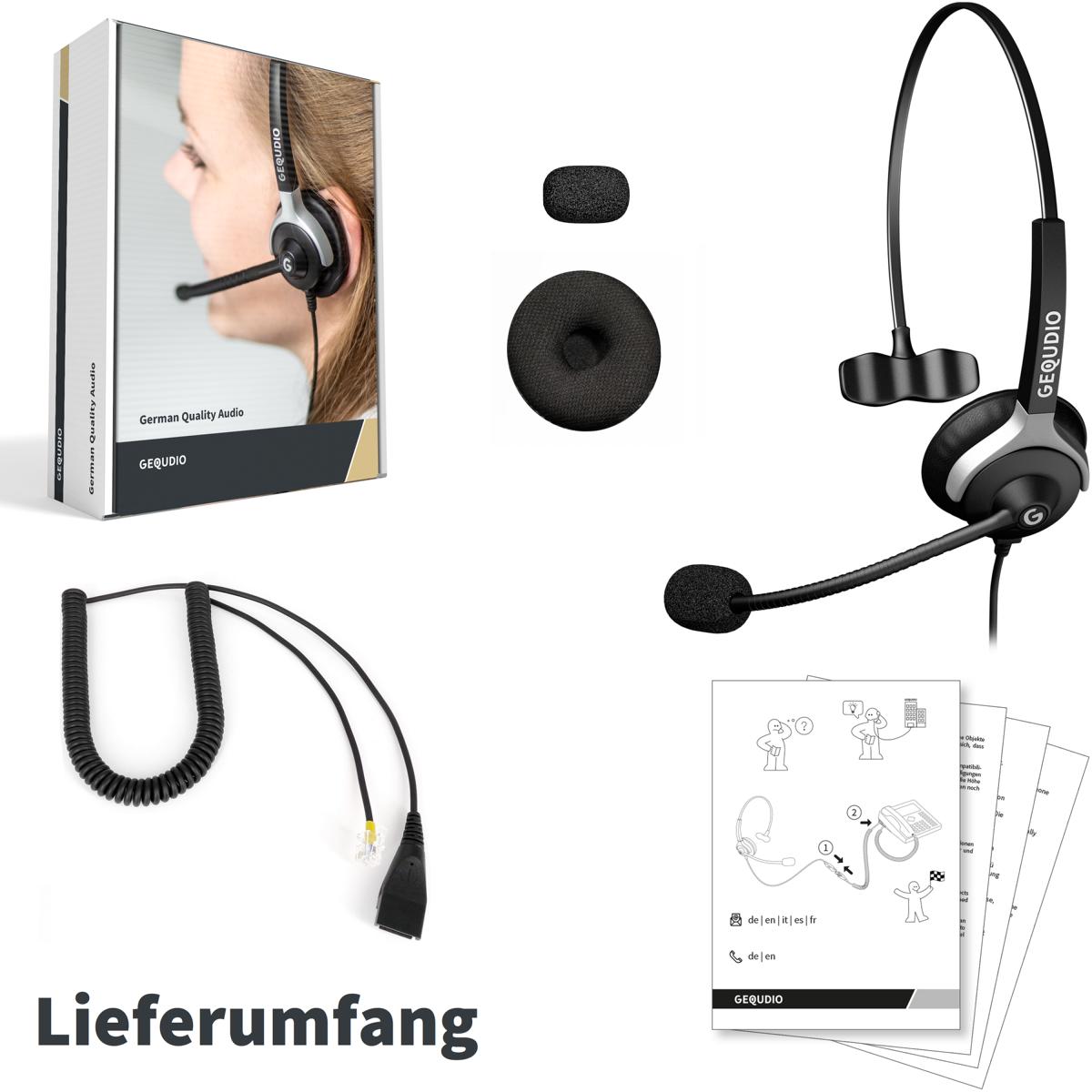 GEQUDIO Headset für GX5+ GA-3 GZ-2 GZ-6 GZ-8, kompatibel für Gigaset mit RJ Anschluss Telefon, Poly/Polycom - inklusive RJ Kabel - Kopfhörer & Mikrofon mit Ersatz Polster - 60g leicht (1-Ohr)