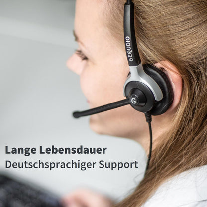 GEQUDIO Headset für GX5+ GA-3 GZ-2 GZ-6 GZ-8, kompatibel für Gigaset mit RJ Anschluss Telefon, Poly/Polycom - inklusive RJ Kabel - Kopfhörer & Mikrofon mit Ersatz Polster - 60g leicht (1-Ohr)