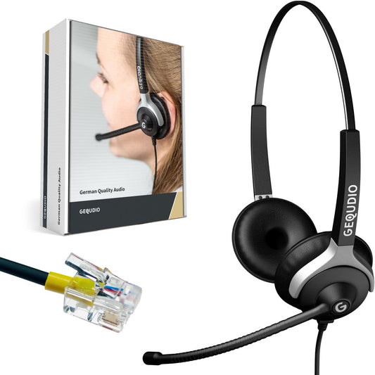 GEQUDIO Headset für GX5+ GA-3 GZ-2 GZ-6 GZ-8, kompatibel für Gigaset mit RJ Anschluss Telefon, Poly/Polycom - inklusive RJ Kabel - Kopfhörer & Mikrofon mit Ersatz Polster - 80g leicht (2-Ohr)