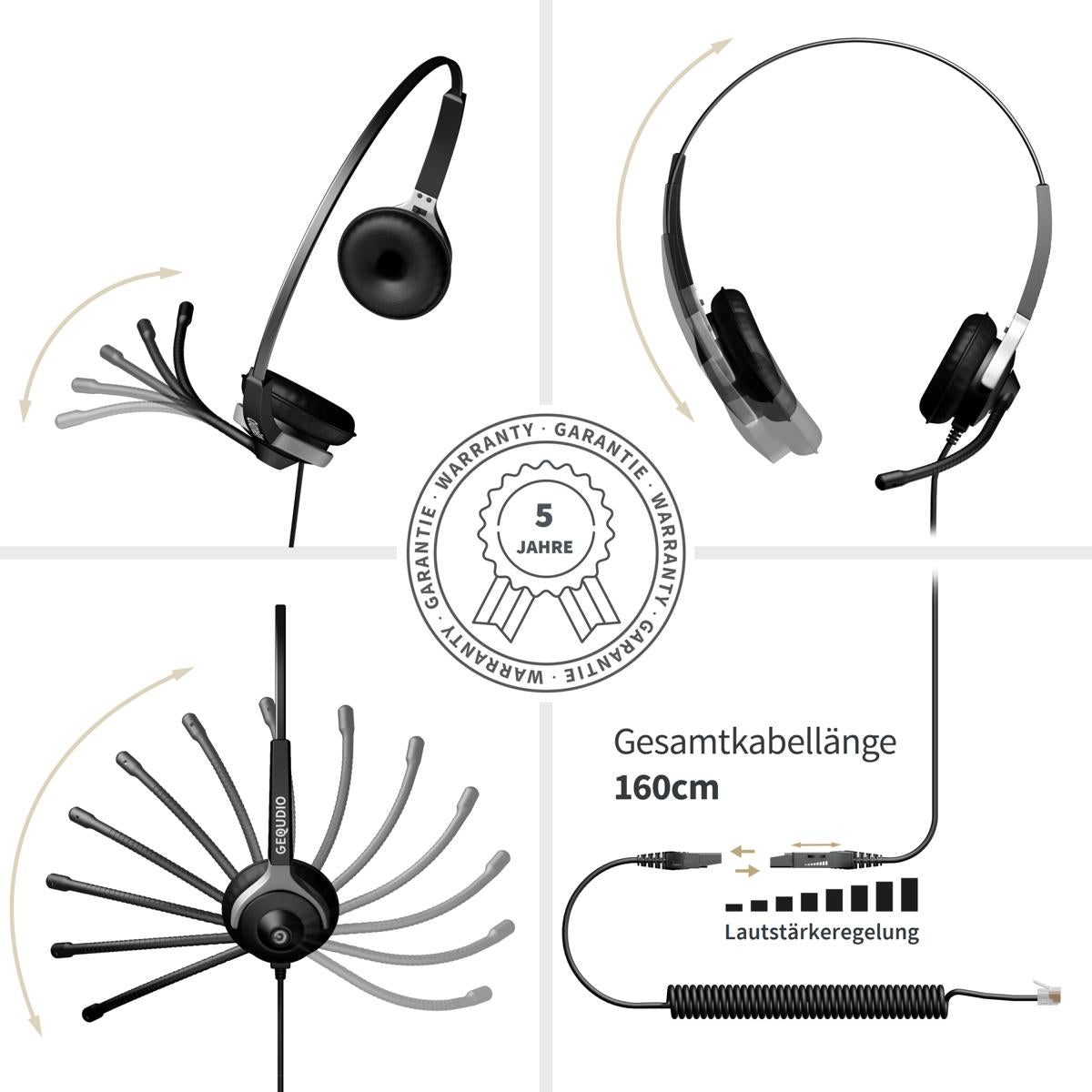 GEQUDIO Headset für GX5+ GA-3 GZ-2 GZ-6 GZ-8, kompatibel für Gigaset mit RJ Anschluss Telefon, Poly/Polycom - inklusive RJ Kabel - Kopfhörer & Mikrofon mit Ersatz Polster - 80g leicht (2-Ohr)
