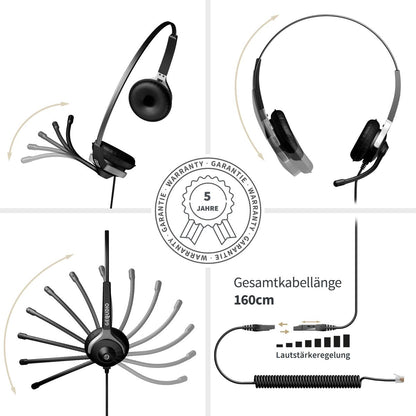 GEQUDIO Headset für GX5+ GA-3 GZ-2 GZ-6 GZ-8, kompatibel für Gigaset mit RJ Anschluss Telefon, Poly/Polycom - inklusive RJ Kabel - Kopfhörer & Mikrofon mit Ersatz Polster - 80g leicht (2-Ohr)