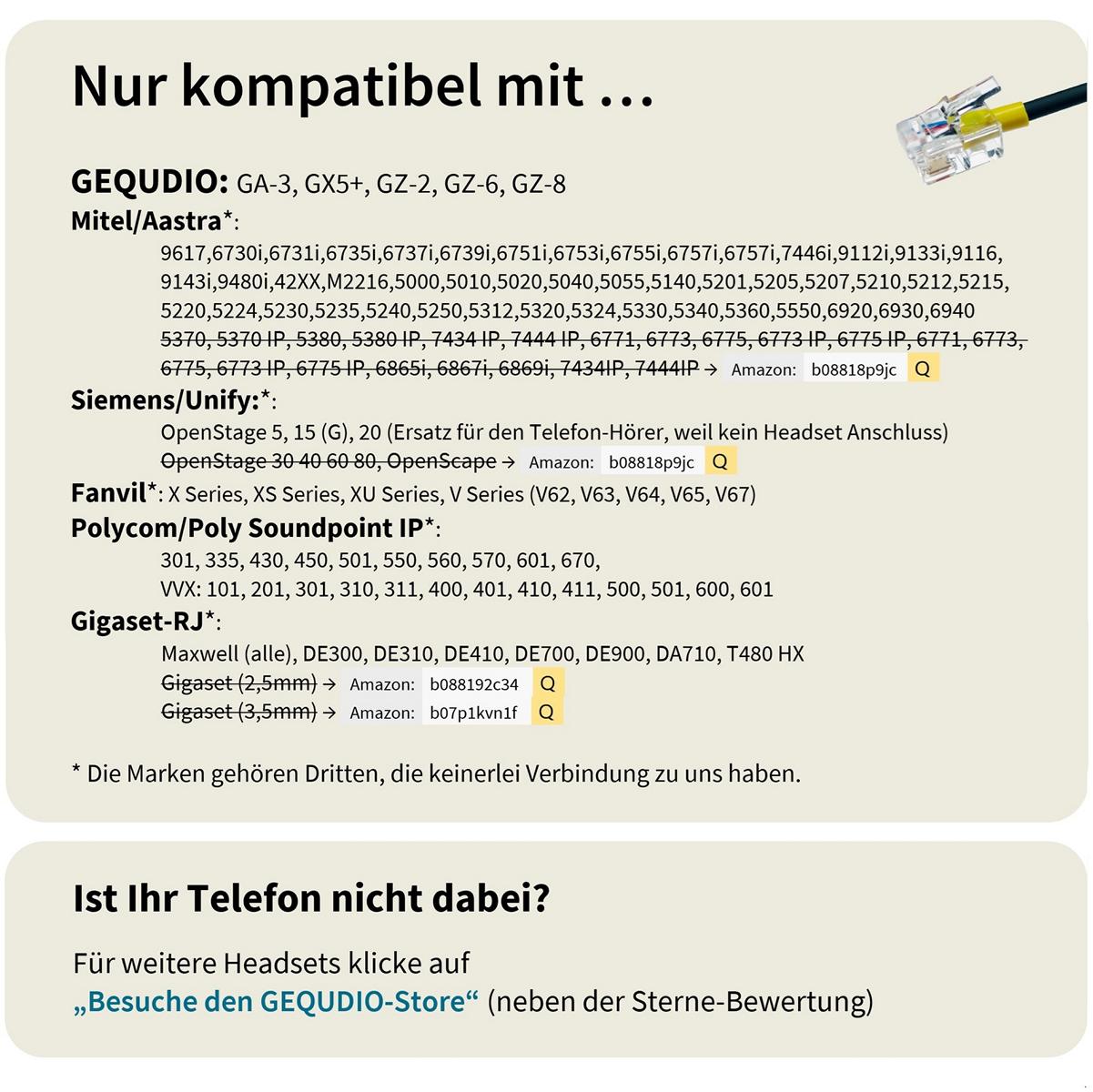 GEQUDIO Headset für GX5+ GA-3 GZ-2 GZ-6 GZ-8, kompatibel für Gigaset mit RJ Anschluss Telefon, Poly/Polycom - inklusive RJ Kabel - Kopfhörer & Mikrofon mit Ersatz Polster - 80g leicht (2-Ohr)