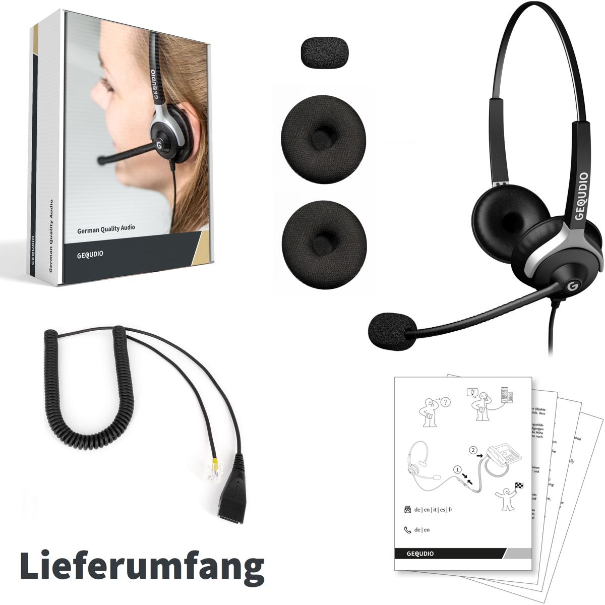 GEQUDIO Headset für GX5+ GA-3 GZ-2 GZ-6 GZ-8, kompatibel für Gigaset mit RJ Anschluss Telefon, Poly/Polycom - inklusive RJ Kabel - Kopfhörer & Mikrofon mit Ersatz Polster - 80g leicht (2-Ohr)