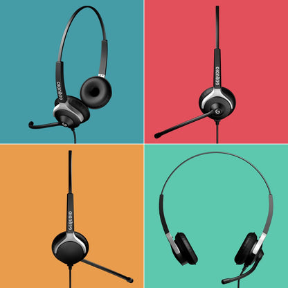 GEQUDIO Headset für GX5+ GA-3 GZ-2 GZ-6 GZ-8, kompatibel für Gigaset mit RJ Anschluss Telefon, Poly/Polycom - inklusive RJ Kabel - Kopfhörer & Mikrofon mit Ersatz Polster - 80g leicht (2-Ohr)