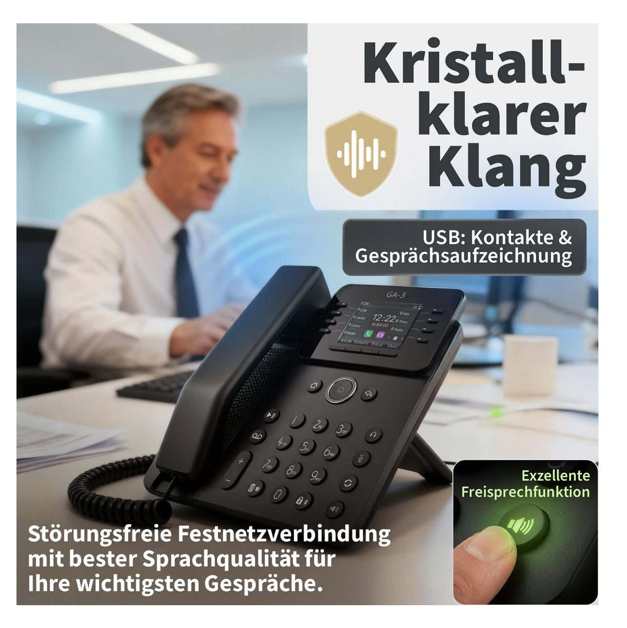 GEQUDIO GA-3 Festnetztelefon Schnurgebunden mit Anrufbeantworter und Farbdisplay