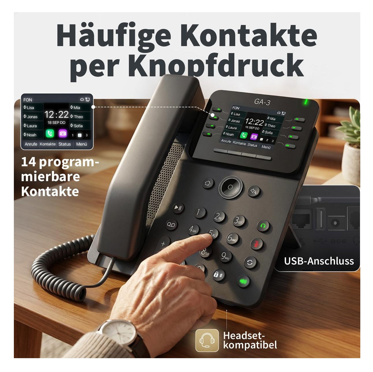 GEQUDIO GA-3 Festnetztelefon Schnurgebunden mit Anrufbeantworter und Farbdisplay
