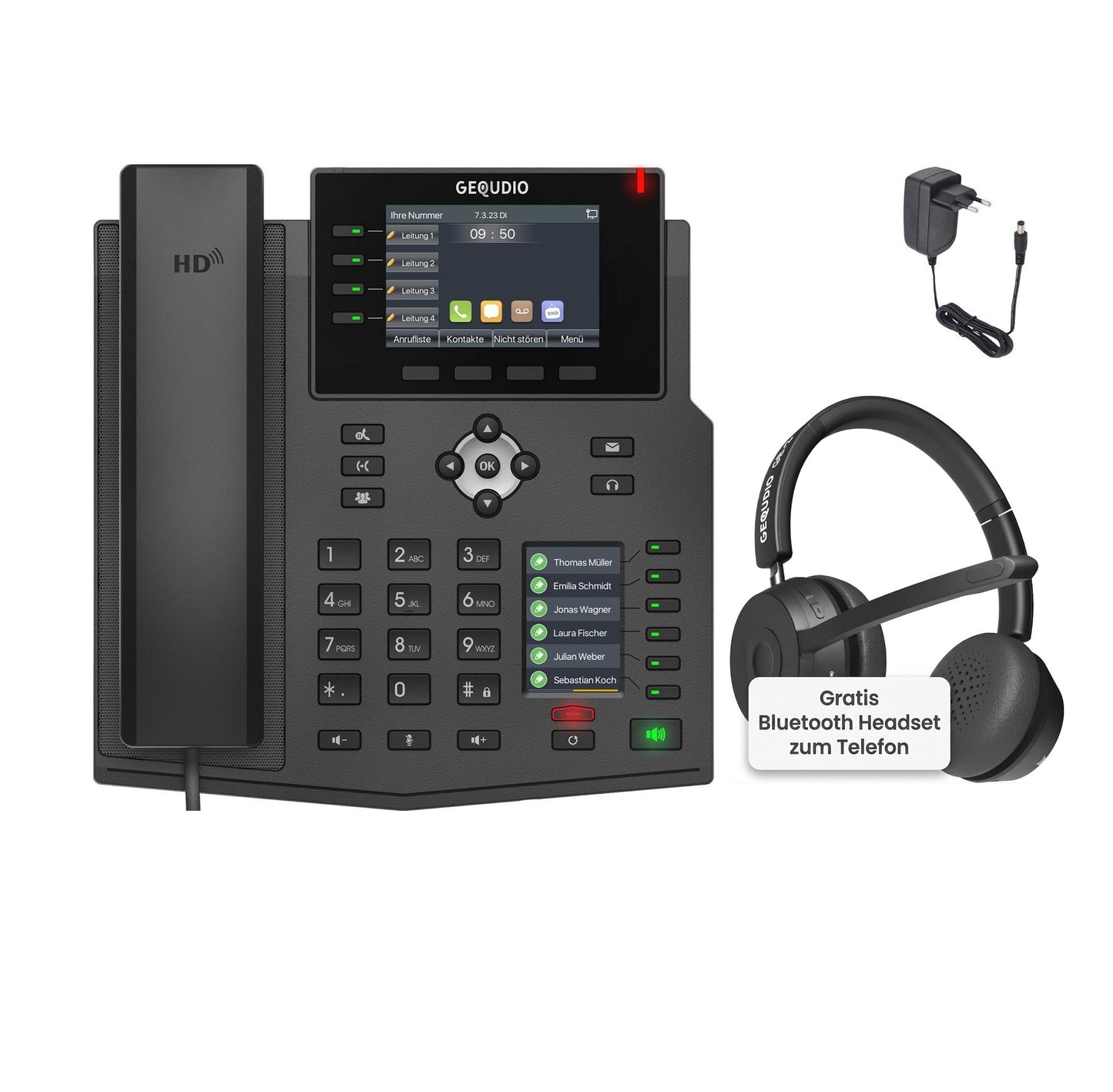 GEQUDIO IP Telefon GX5+ mit Netzteil & Bluetooth Headset - Fritzbox, Telekom kompatibel