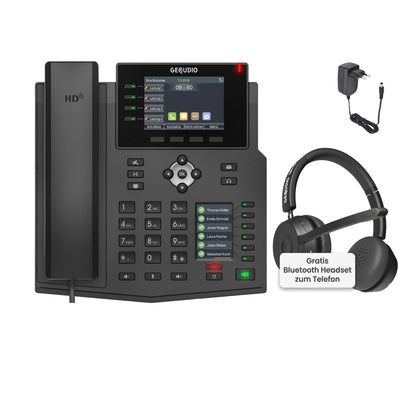 GEQUDIO IP Telefon GX5+ mit Netzteil & Bluetooth Headset - Fritzbox, Telekom kompatibel