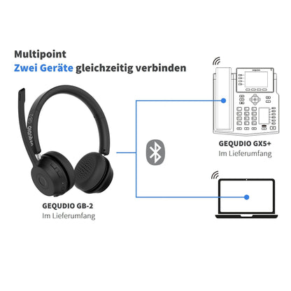 GEQUDIO IP Telefon GX5+ mit Netzteil & Bluetooth Headset - Fritzbox, Telekom kompatibel