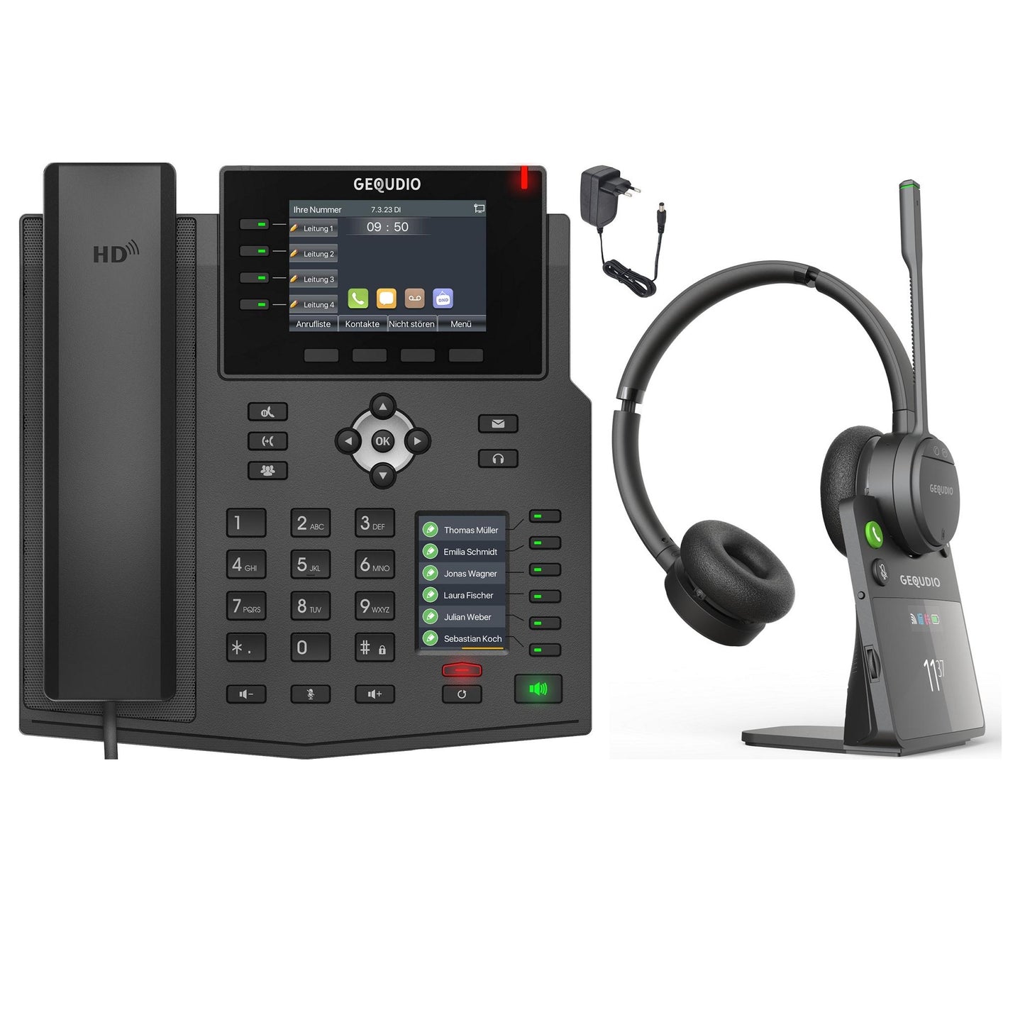 GEQUDIO IP Telefon GX5+ mit Netzteil & High-End DECT Headset - Fritzbox, Telekom kompatibel