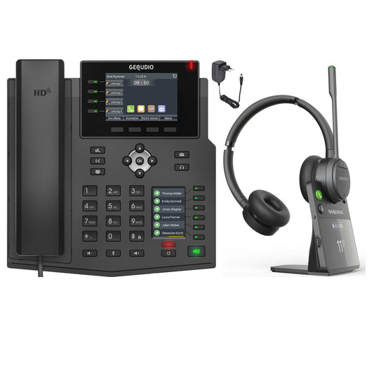 GEQUDIO IP Telefon GX5+ mit Netzteil & High-End DECT Headset - Fritzbox, Telekom kompatibel