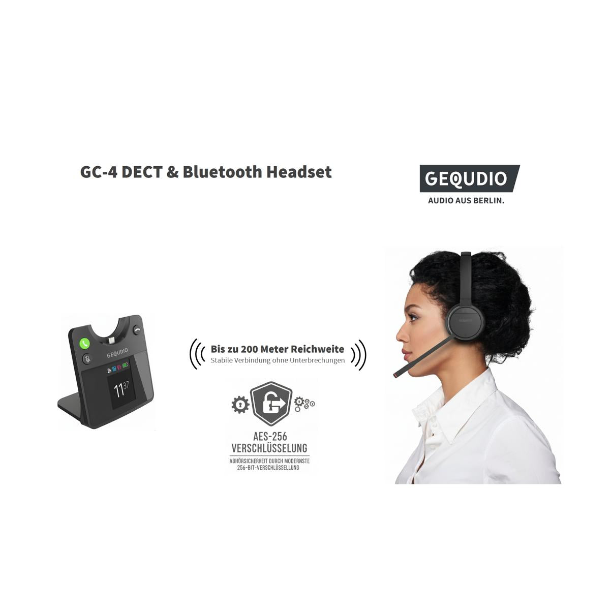 GEQUDIO IP Telefon GX5+ mit Netzteil & High-End DECT Headset - Fritzbox, Telekom kompatibel