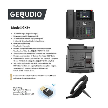 GEQUDIO IP Telefon GX5+ mit Netzteil & High-End DECT Headset - Fritzbox, Telekom kompatibel
