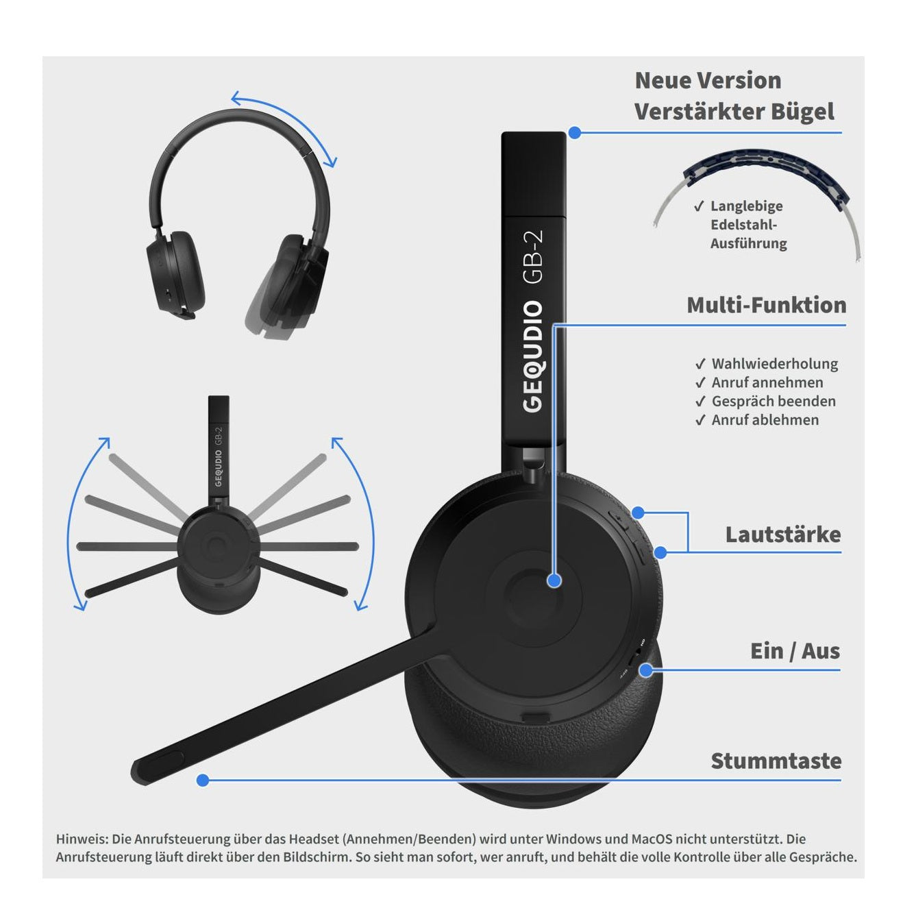 GEQUDIO Schnurlos Headset GB-2 mit Ladestation (mit USB-Adapter)