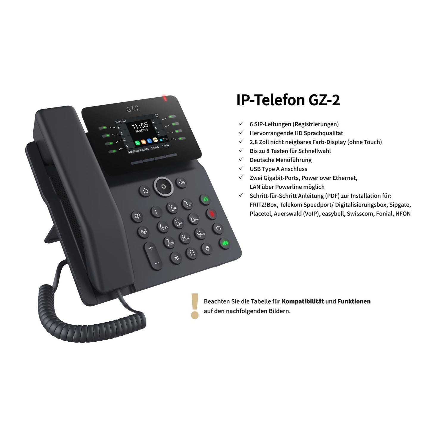 GEQUDIO IP Telefon GZ-2 mit Netzteil - Fritzbox, Telekom kompatibel