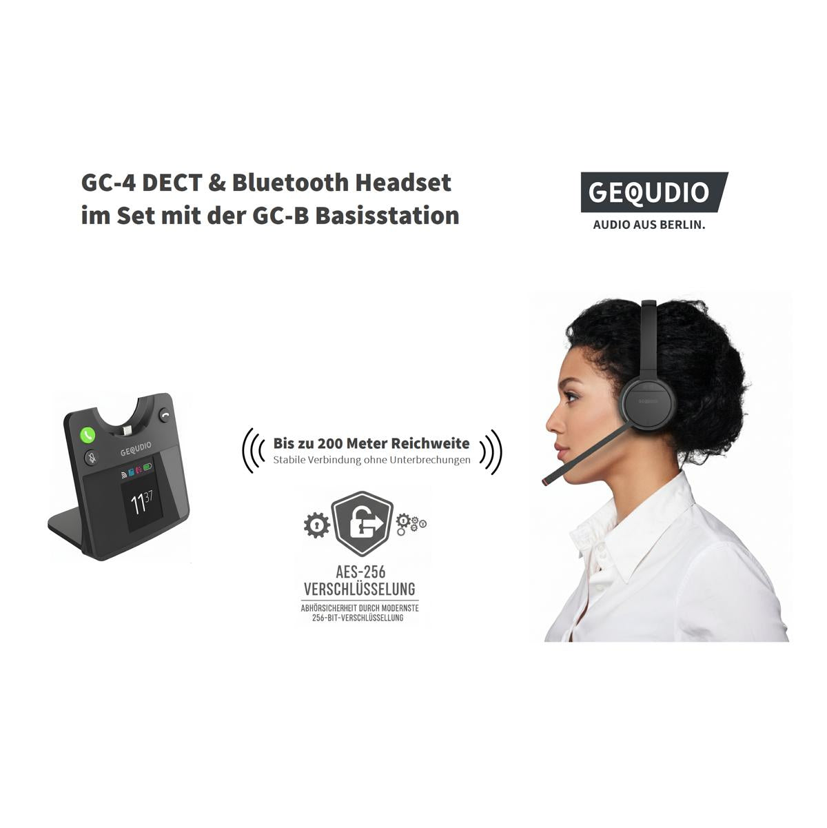 GEQUDIO GC-4 DECT und Bluetooth Dual Headset (2-Ohr) mit Active Noise-Cancelling