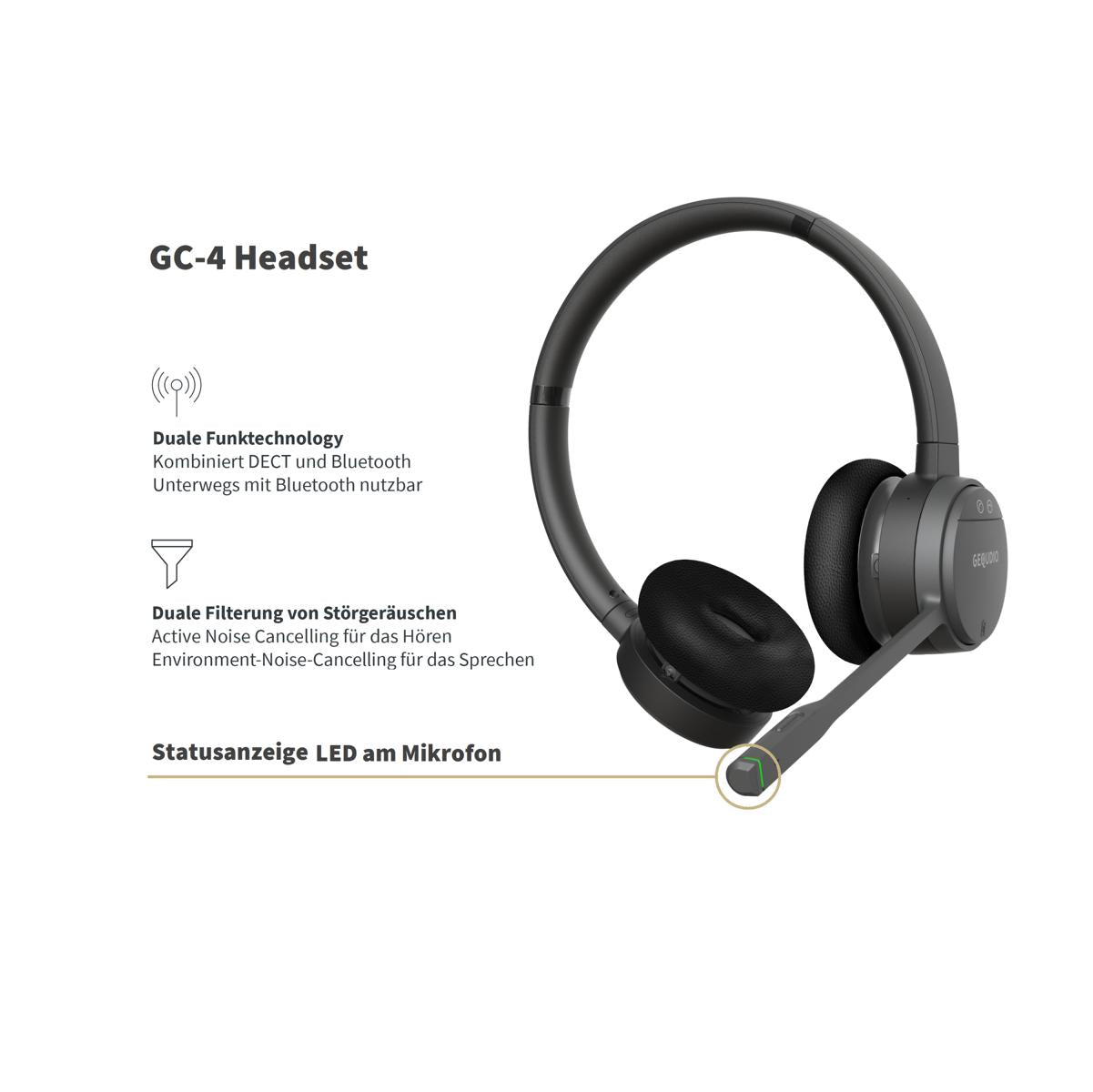 GEQUDIO GC-4 DECT und Bluetooth Dual Headset (2-Ohr) mit Active Noise-Cancelling