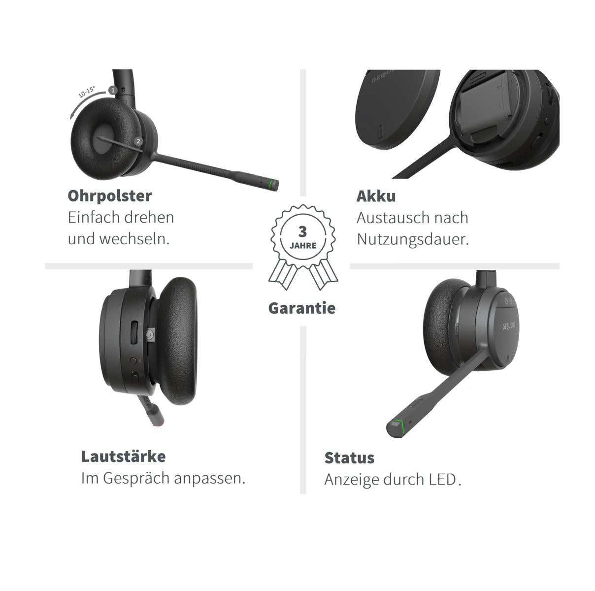 GEQUDIO GC-4 DECT und Bluetooth Dual Headset (2-Ohr) mit Active Noise-Cancelling