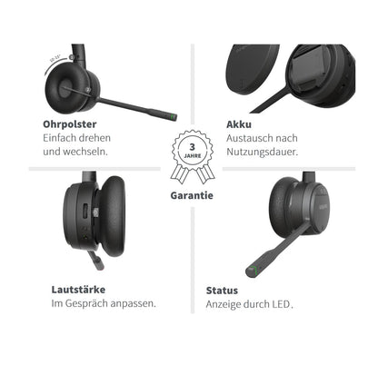 GEQUDIO GC-4 DECT und Bluetooth Dual Headset (2-Ohr) mit Active Noise-Cancelling
