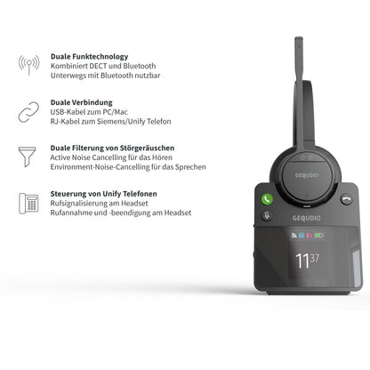 GEQUDIO GC-4 DECT und Bluetooth Dual Headset (2-Ohr) mit Active Noise-Cancelling