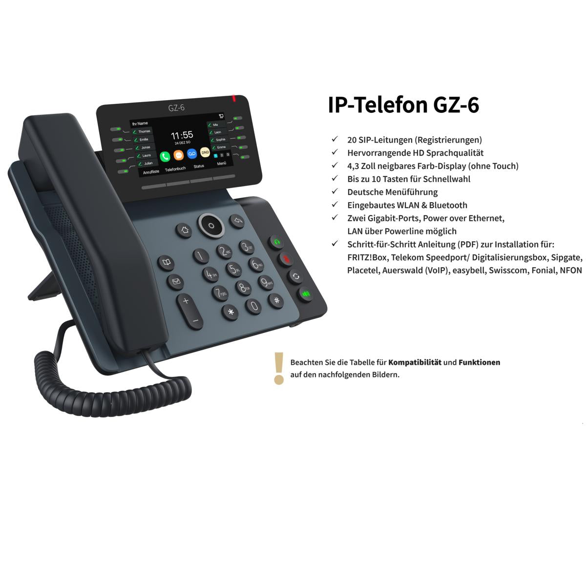 GEQUDIO IP Telefon GZ-6 mit Netzteil & Bluetooth Headset - Fritzbox, Telekom kompatibel