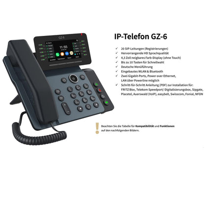 GEQUDIO IP Telefon GZ-6 mit Netzteil & Bluetooth Headset - Fritzbox, Telekom kompatibel