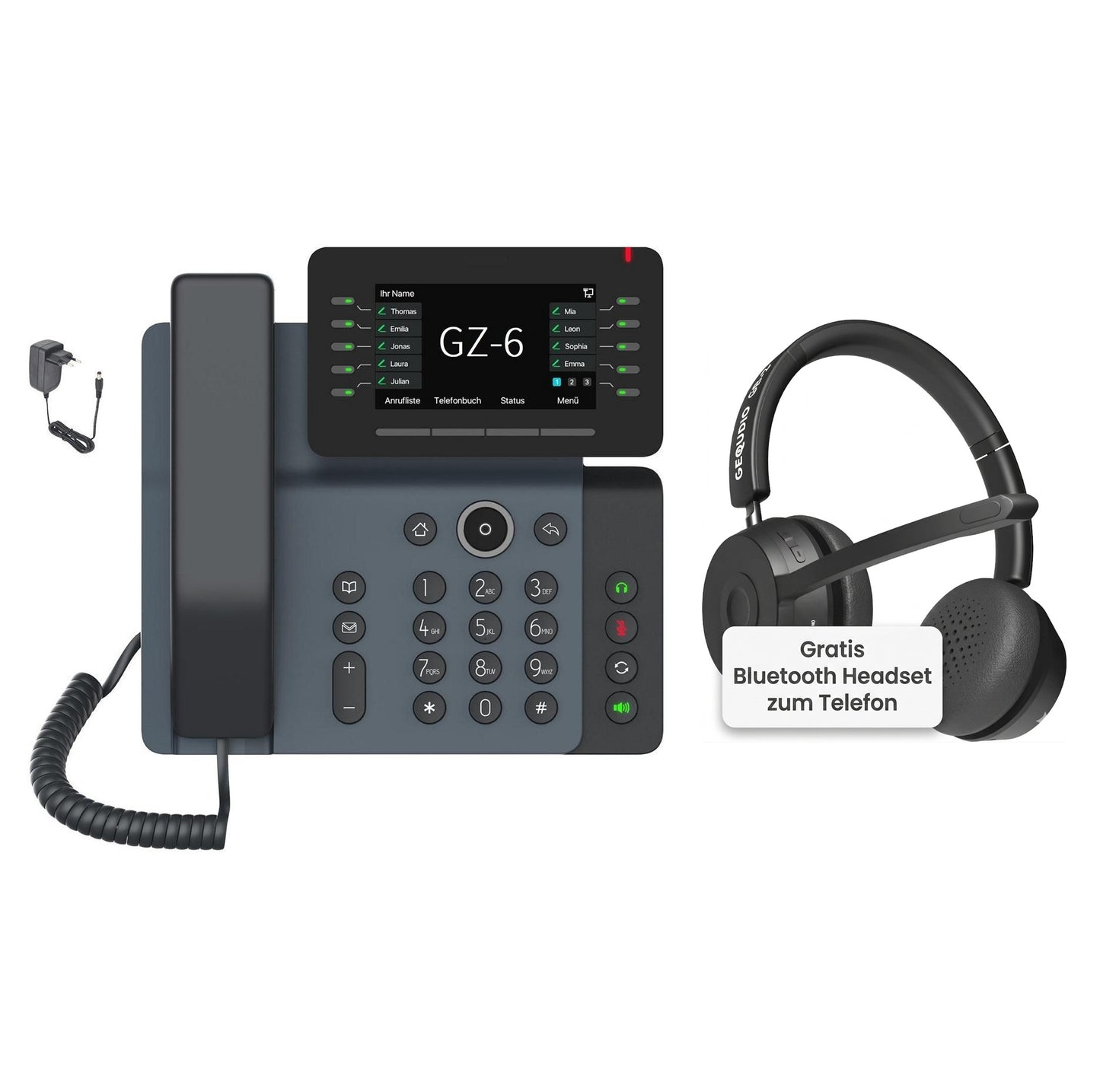 GEQUDIO IP Telefon GZ-6 mit Netzteil & Bluetooth Headset - Fritzbox, Telekom kompatibel