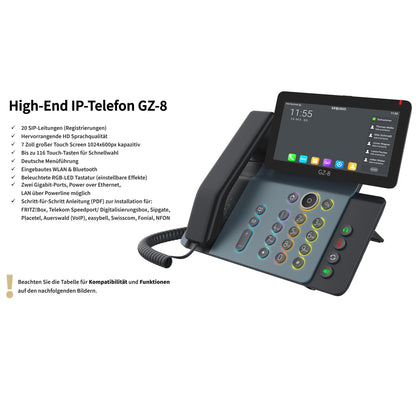 GEQUDIO High-End IP Telefon GZ-8 mit Netzteil & Bluetooth Headset - Fritzbox, Telekom kompatibel