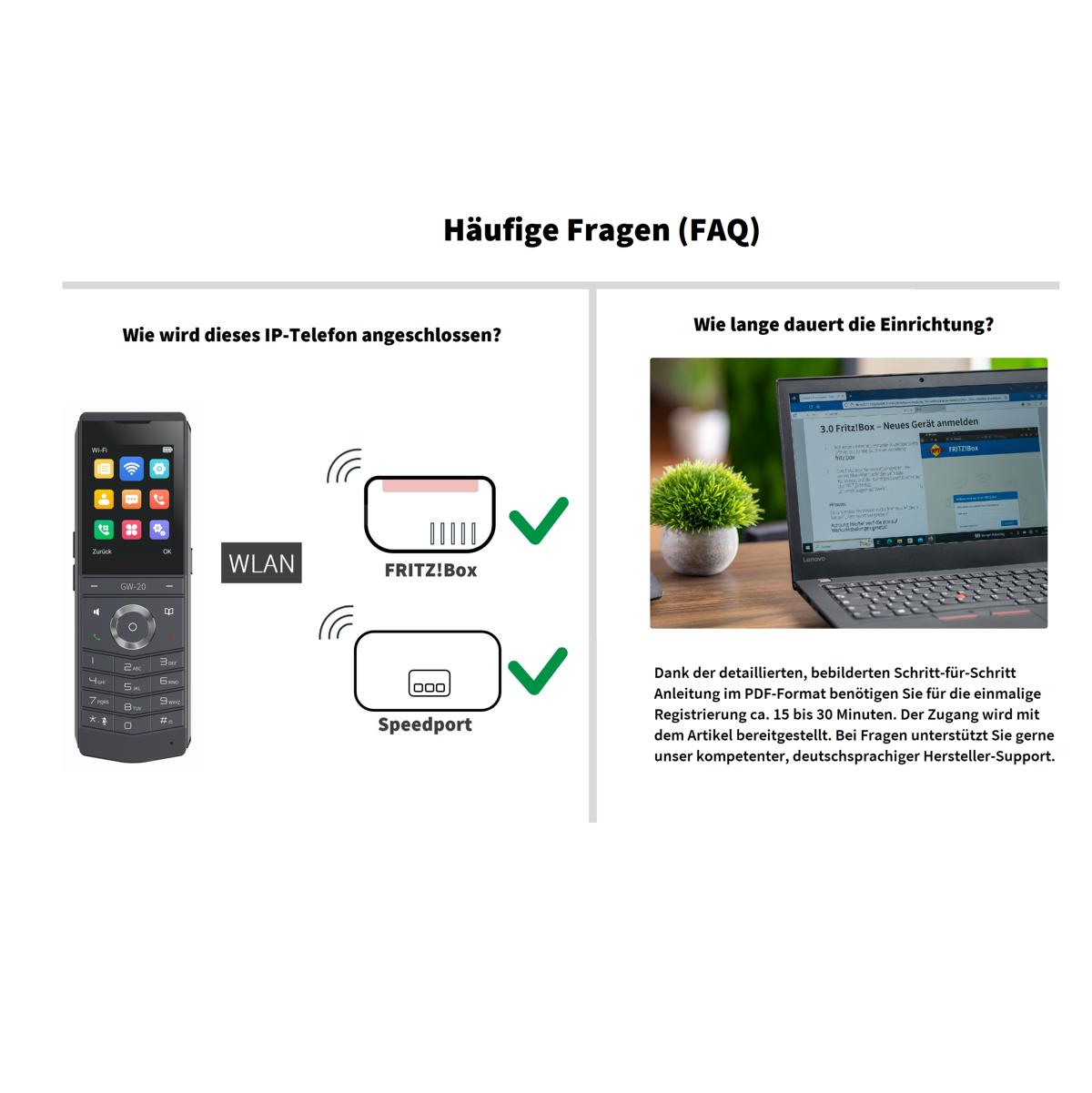 GEQUDIO GW-20 WLAN IP Telefon schnurlos – Wi-Fi 6 Modul & WLAN Roaming – IP67 wasserdicht, Bluetooth – Inkl. Ladeschale, kompatibel mit Fritzbox, Telekom, SIP (Edition 2026)
