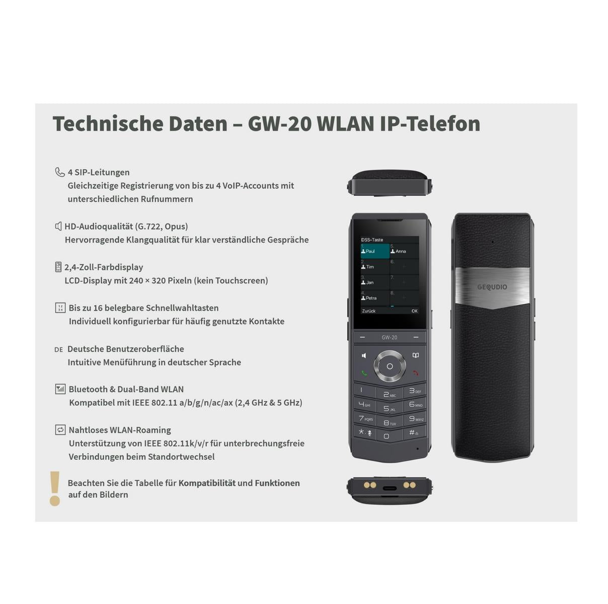 GEQUDIO GW-20 WLAN IP Telefon schnurlos – Wi-Fi 6 Modul & WLAN Roaming – IP67 wasserdicht, Bluetooth – Inkl. Ladeschale, kompatibel mit Fritzbox, Telekom, SIP (Edition 2026)