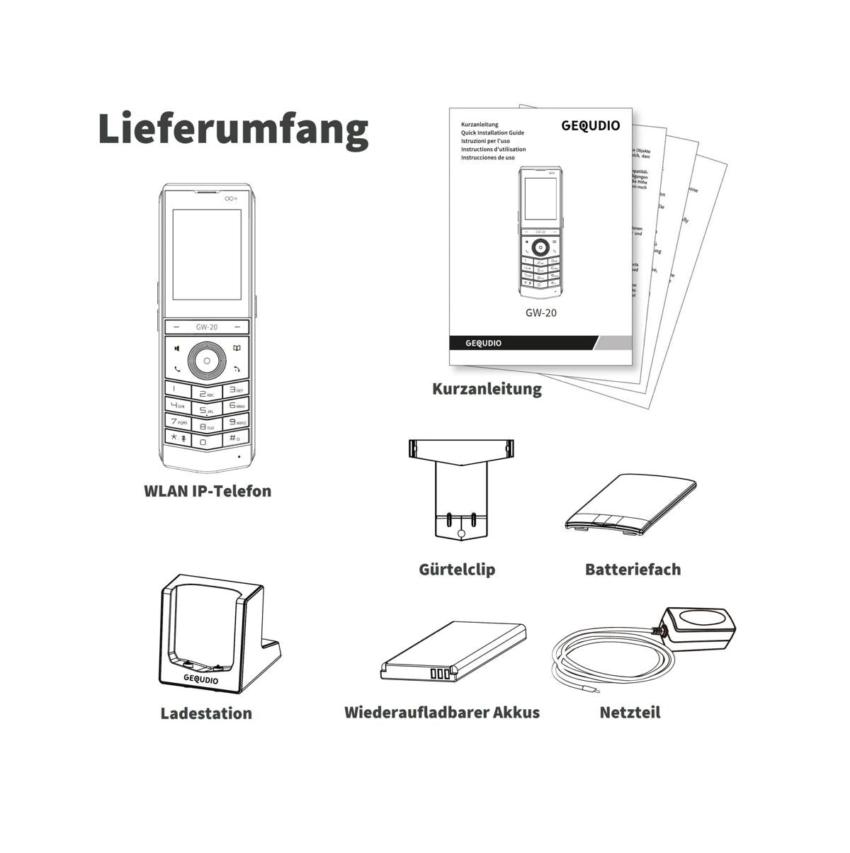 GEQUDIO GW-20 WLAN IP Telefon schnurlos – Wi-Fi 6 Modul & WLAN Roaming – IP67 wasserdicht, Bluetooth – Inkl. Ladeschale, kompatibel mit Fritzbox, Telekom, SIP (Edition 2026)